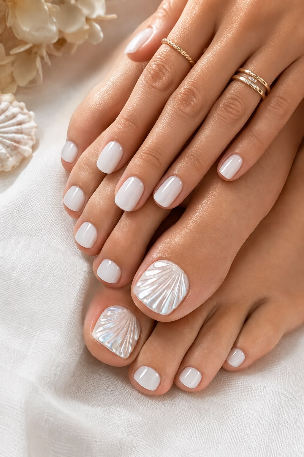 Nail chân đi biển vân vỏ sò 3D tráng gương ngọc trai